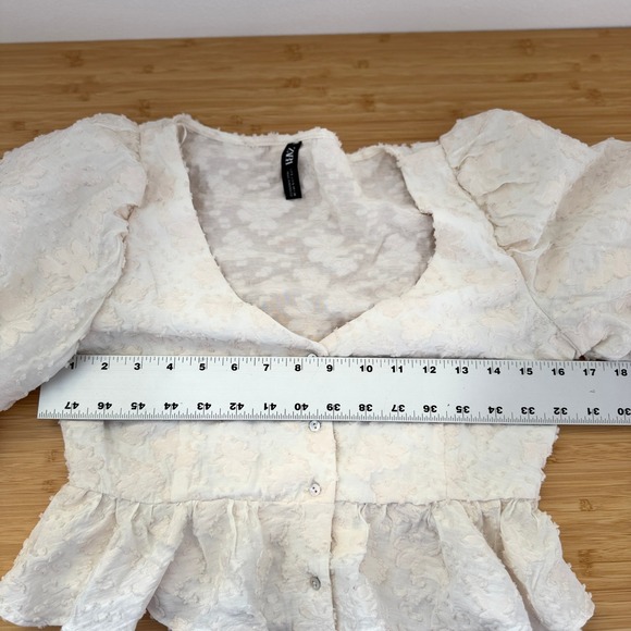 Zara‎ Floral Texture Peplum Top Womens Size S Puff Sleeve Blouse Cream - Picture 11 of 16